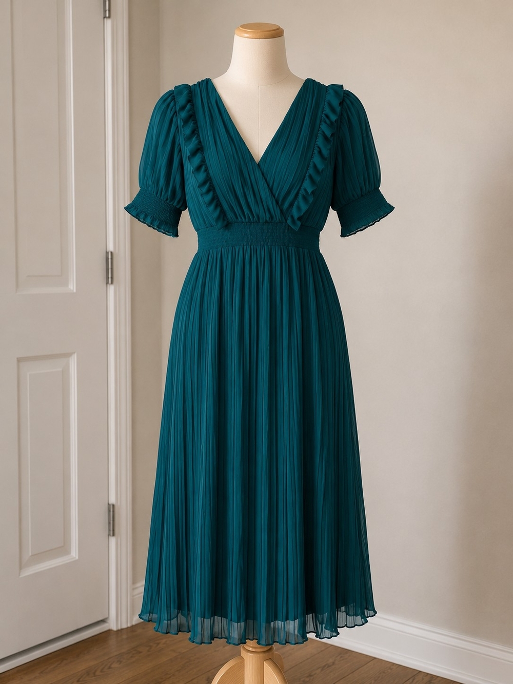 Zara Deep Teal Pleated V-Neck Midi Dress